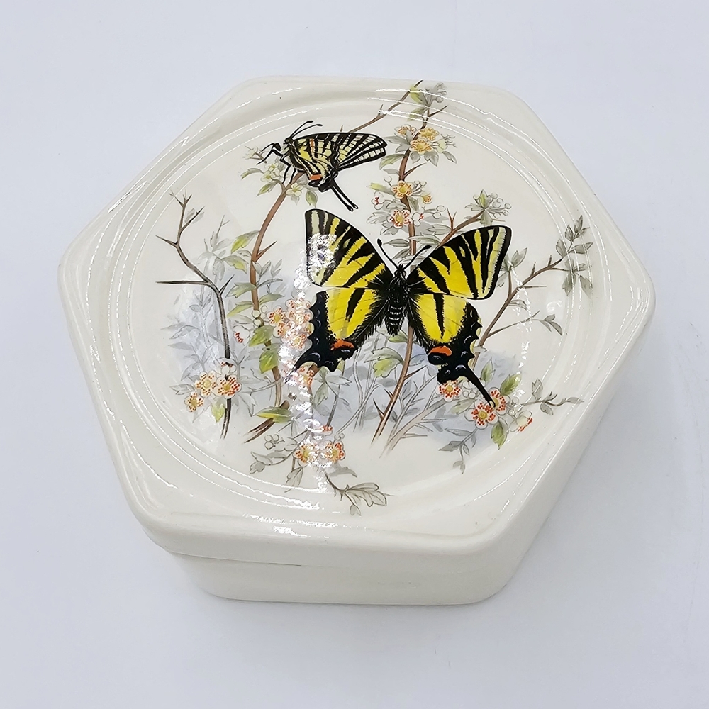 Vintage Hexagon Shaped Ceramic Trinket Dish, Butterfly Design Jewelery Holder 5